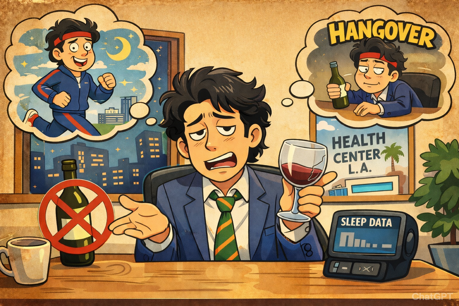 禁酒と睡眠改善をテーマにしたレトロなアメリカンコメディアニメ風イラスト。ワイングラスを持って悩む男性と、元気な自分と二日酔いの自分を対比した構図。