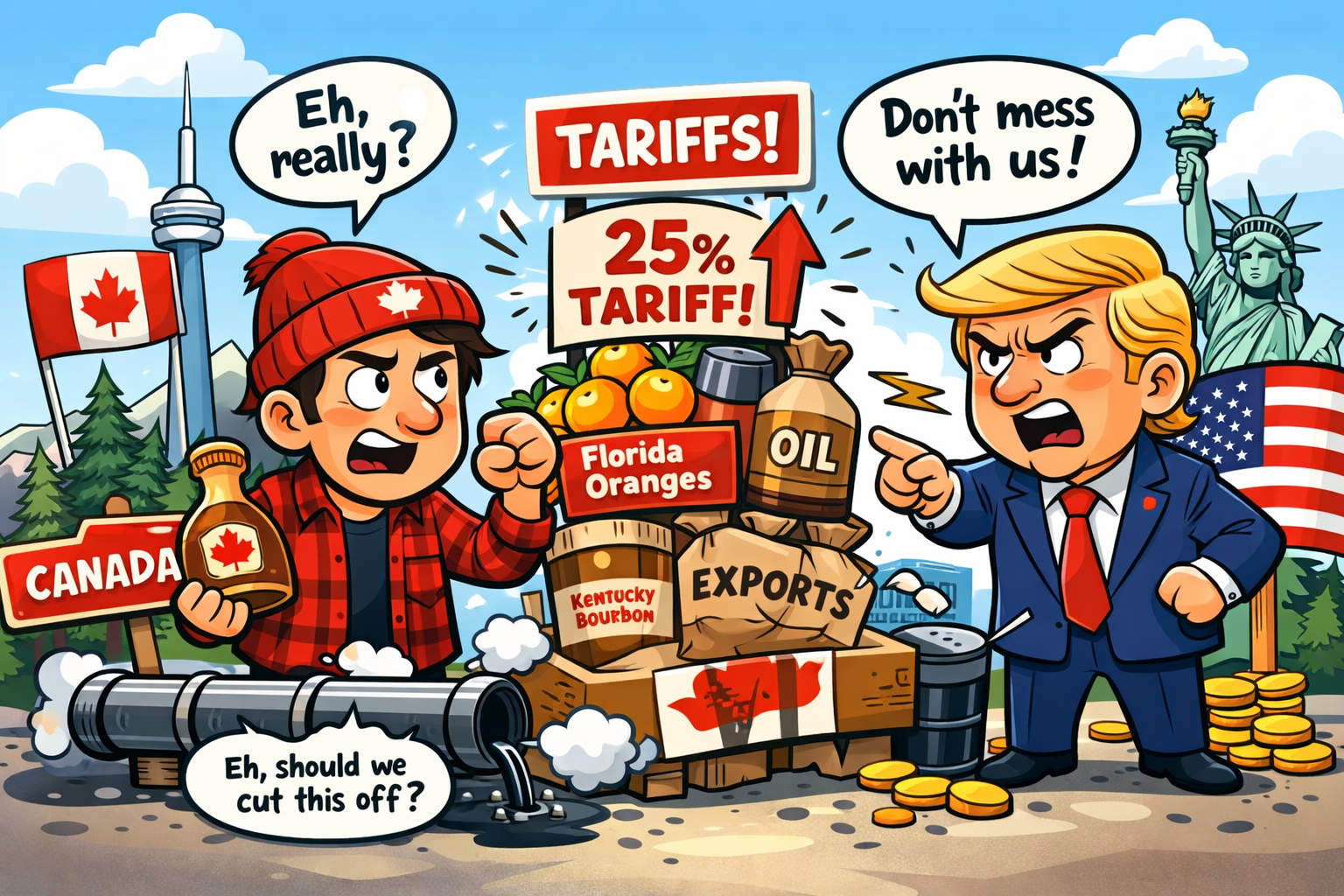 アメリカの関税強化に対してカナダが対抗策を考える様子をコミカルに描いたイラスト。関税や輸出品を巡って両国が対立している構図。