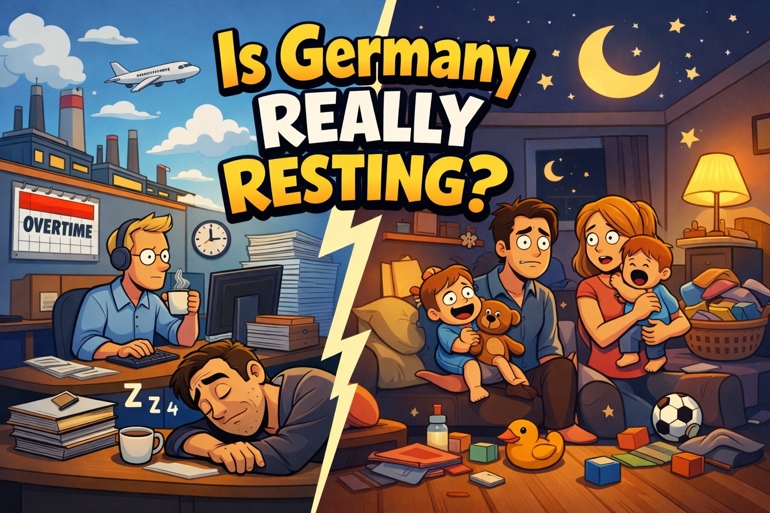 American comedy-style cartoon illustration showing the contrast between work and family life in Germany, with a tired office worker on one side and parents struggling with childcare at night on the other, symbolizing sleep, work-life balance, and modern parenting.